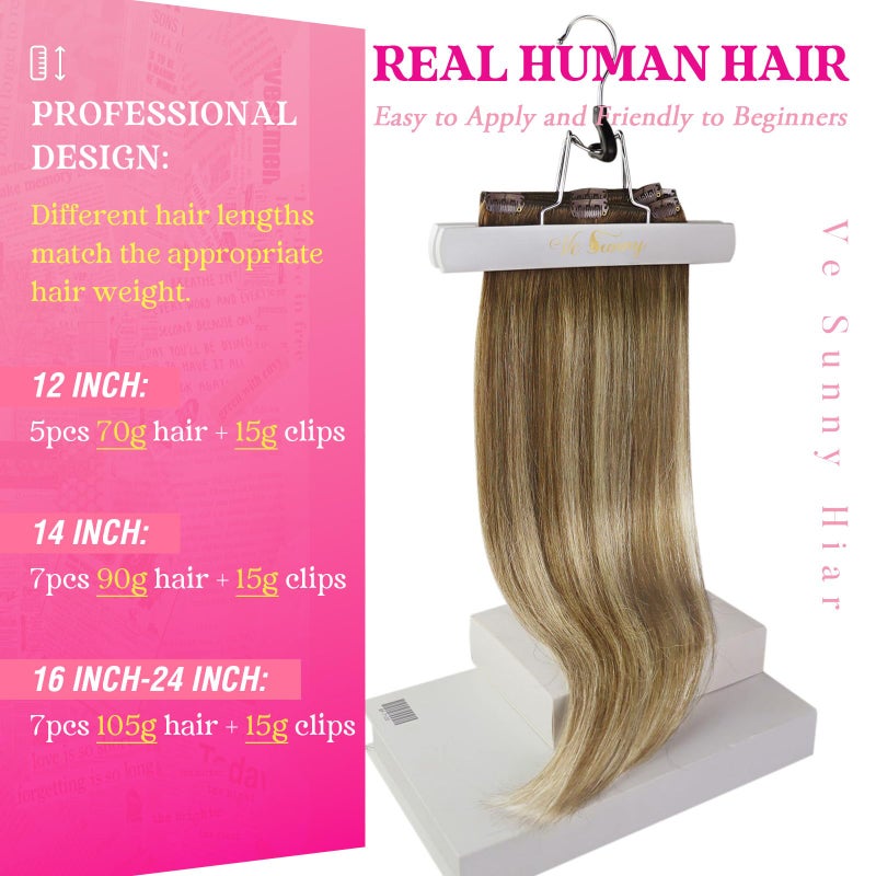 Ve Sunny Clip in Hair Extensions Real Human Hair Ombre Light Brown to Platinum Blonde Balayage Hair Extensions Clip ins Remy Human Hair Thick Straight Double Weft 16 inch 120g 7pcs - Image 2